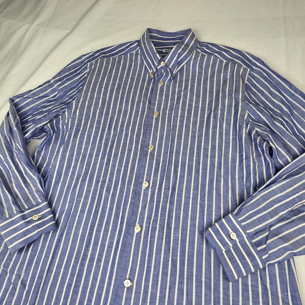 Kiton Shirt Mens Size 44 Blue Striped Linen Blend Long Sleeve Button Down Italy